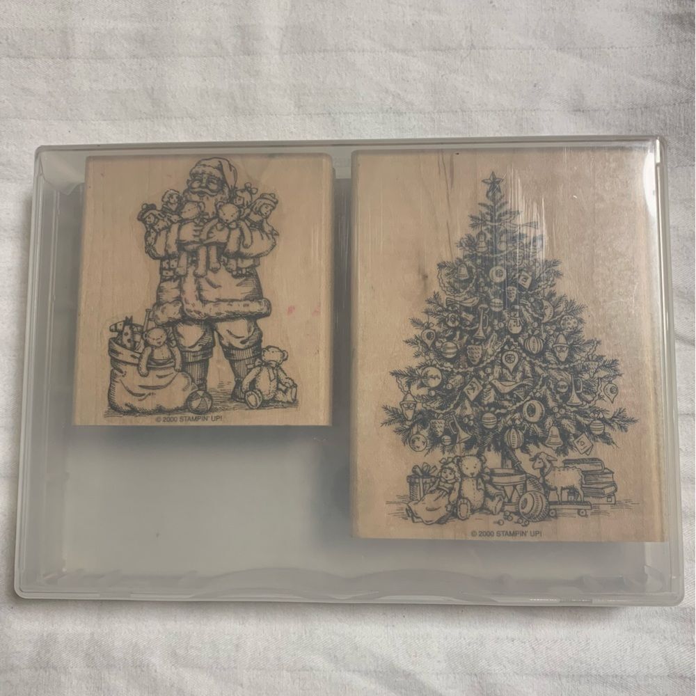 STAMPIN UP! Old Fashioned Christmas Wood Stamp 2 Set Santa Tree Presents Holiday